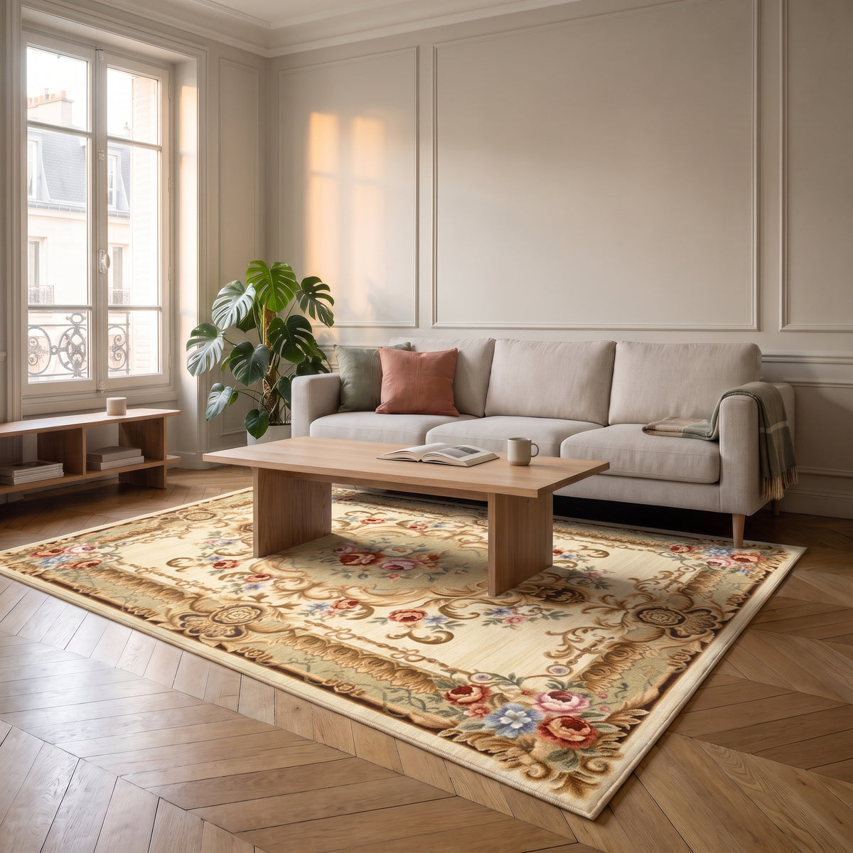 Tapis de salon boho turc aux tons neutres, déclinaison beige fleuri