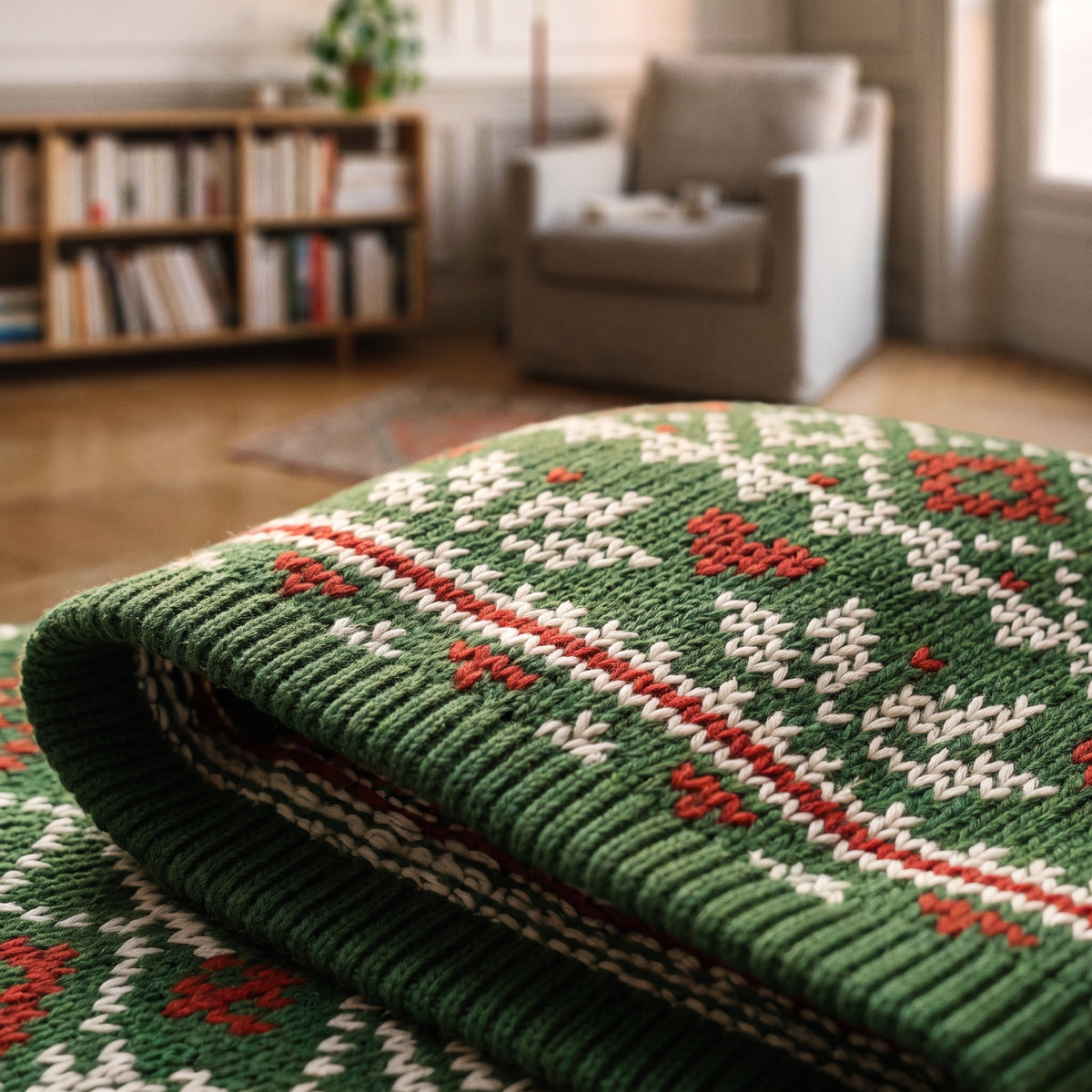 Détail de la maille tricotée et des motifs nordiques du pull de Noël vert
