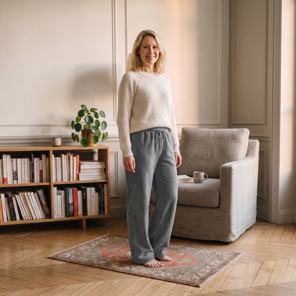 Jogging femme grande taille gris foncé porté près du coin lecture