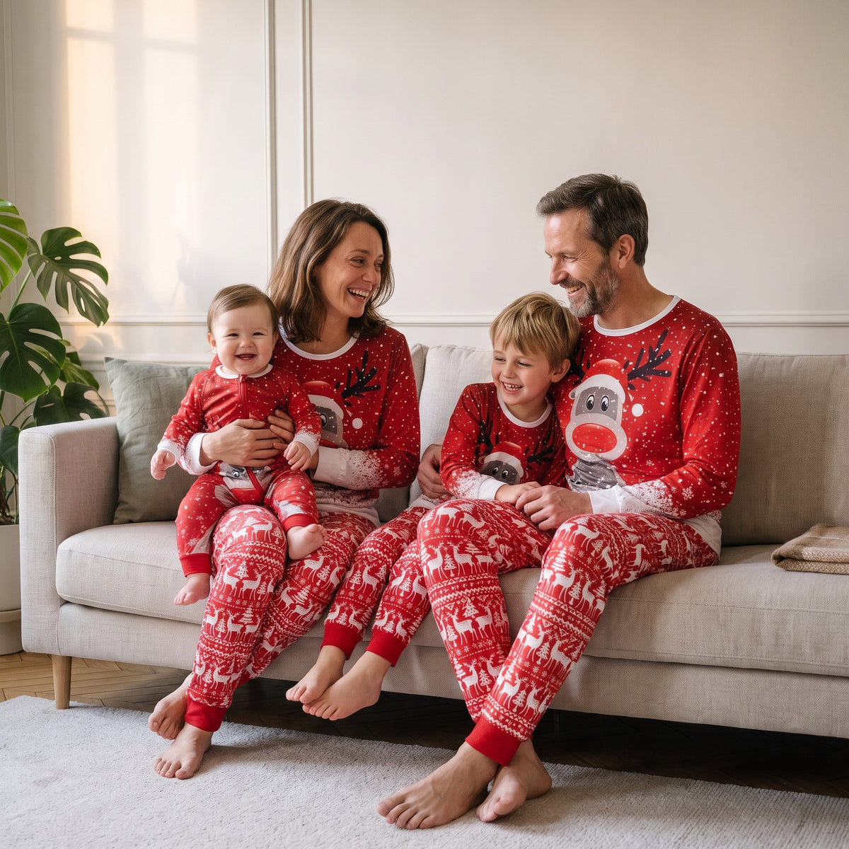 Famille réunie sur le canapé en pyjamas de Noël rouges à renne assortis