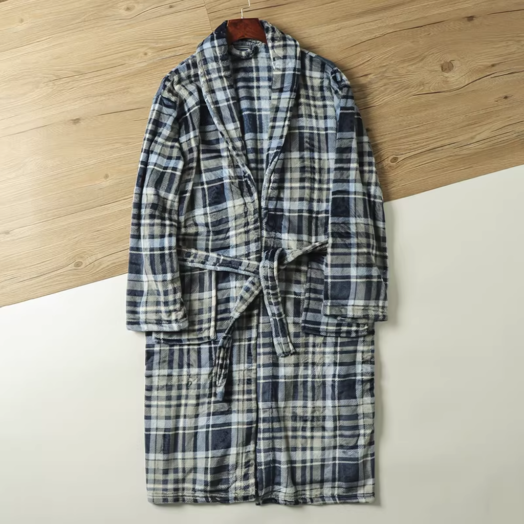 Robe de chambre homme bleue et grise à carreaux présentée à plat