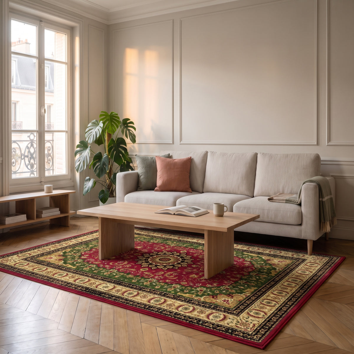 Tapis boho turc aux tons rouges, déclinaison rouge et vert