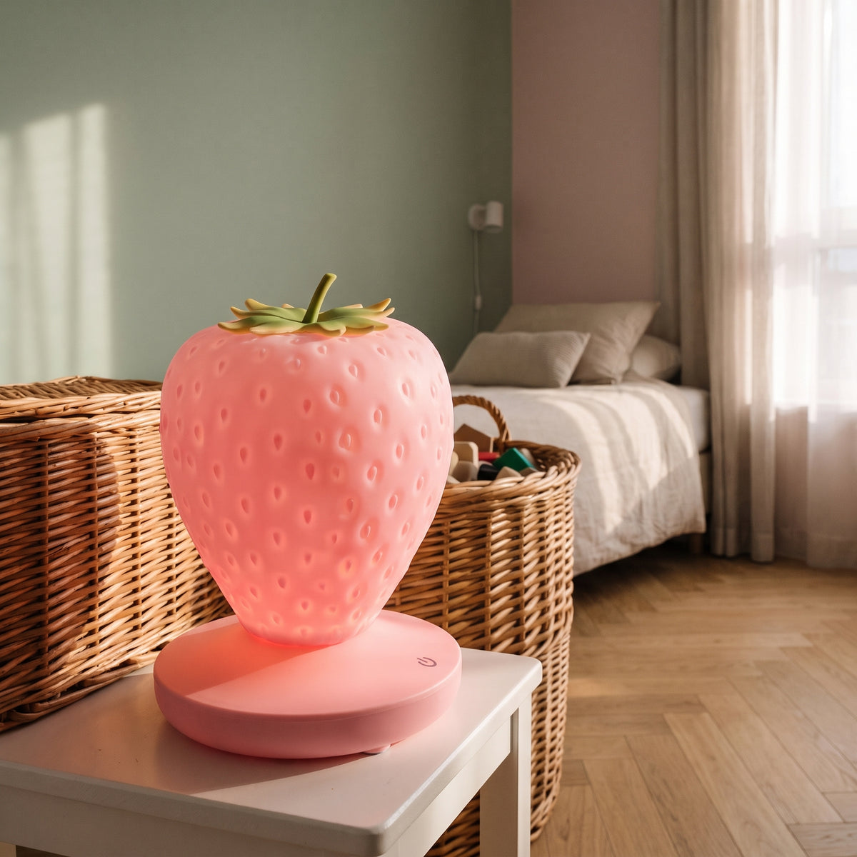 Détail rapproché de la veilleuse fraise rose et de sa commande tactile