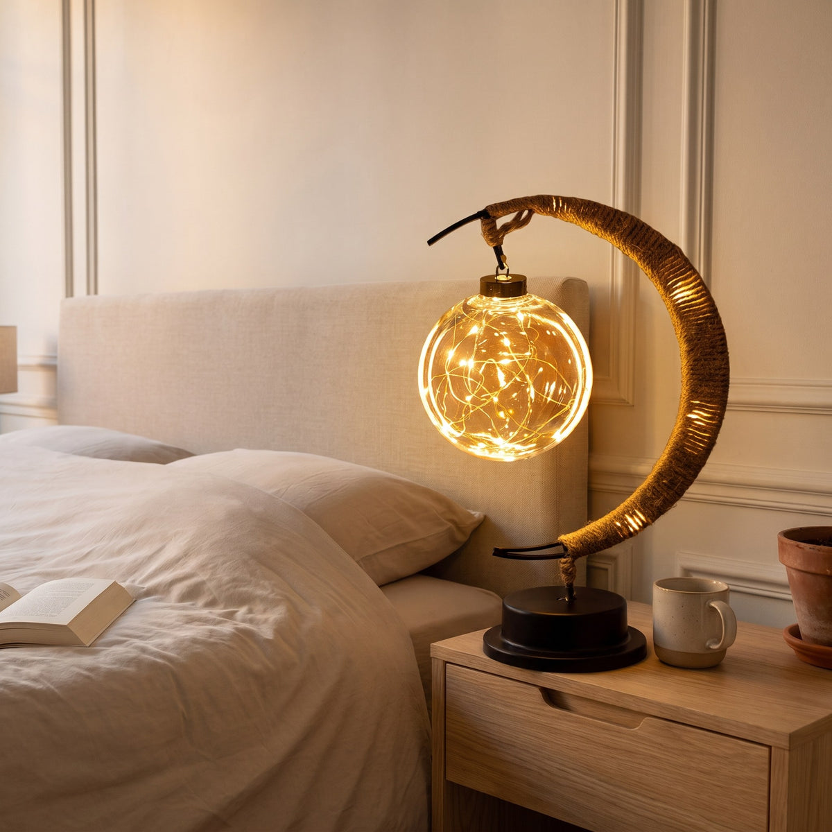 Lampe croissant de lune allumée en doré ambré, cadrage rapproché sur la boule.