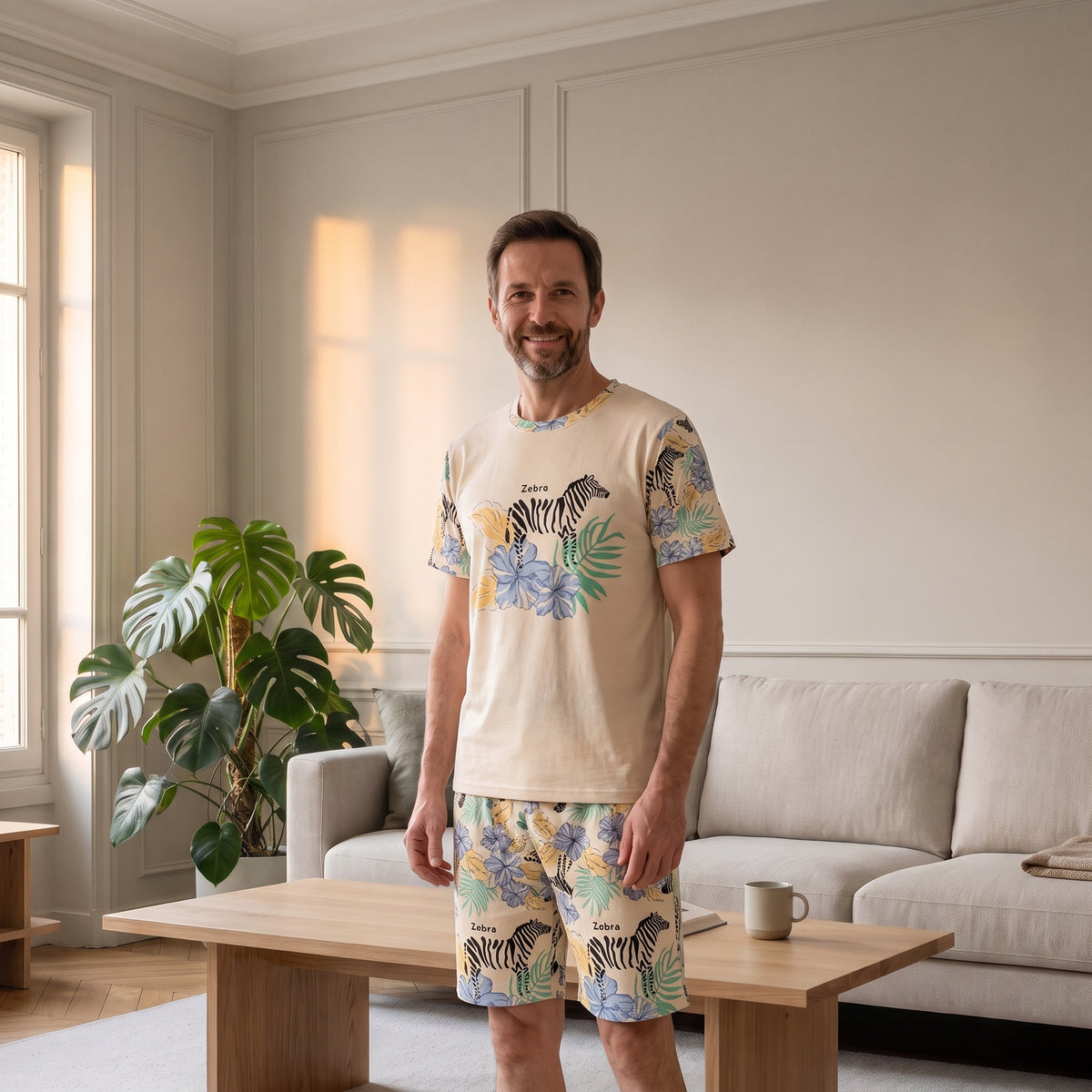 Pyjashort homme beige à zèbre tropical porté dans le salon
