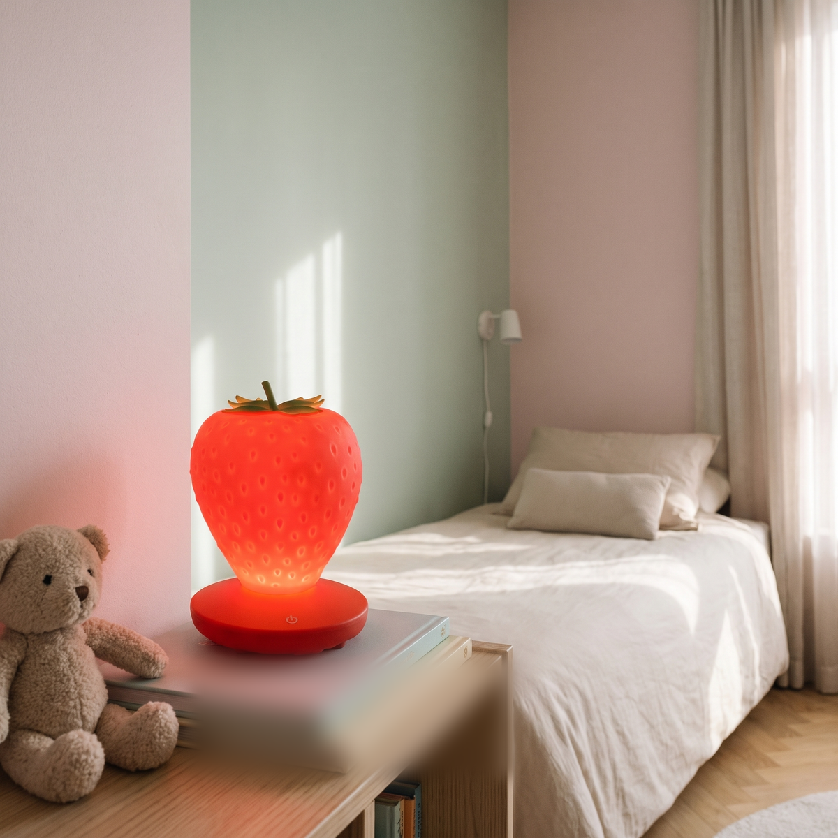 Veilleuse fraise rouge allumée dans le coin lecture d'une chambre d'enfant