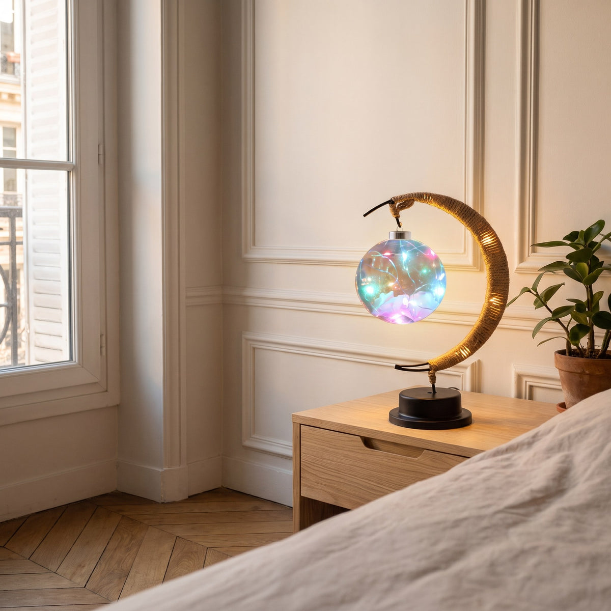 Lampe croissant de lune allumée en multicolore, teintes mêlées dans la boule de verre.