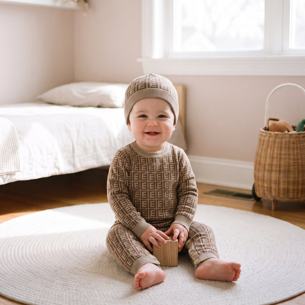 Bébé du casting portant la barboteuse marron avec son bonnet assorti dans sa chambre