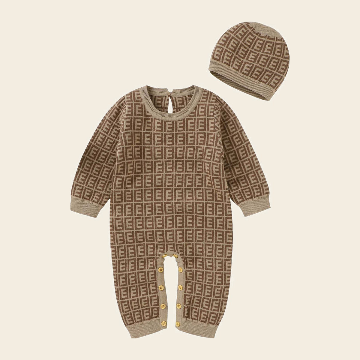 Barboteuse bébé marron à motif géométrique avec son bonnet assorti