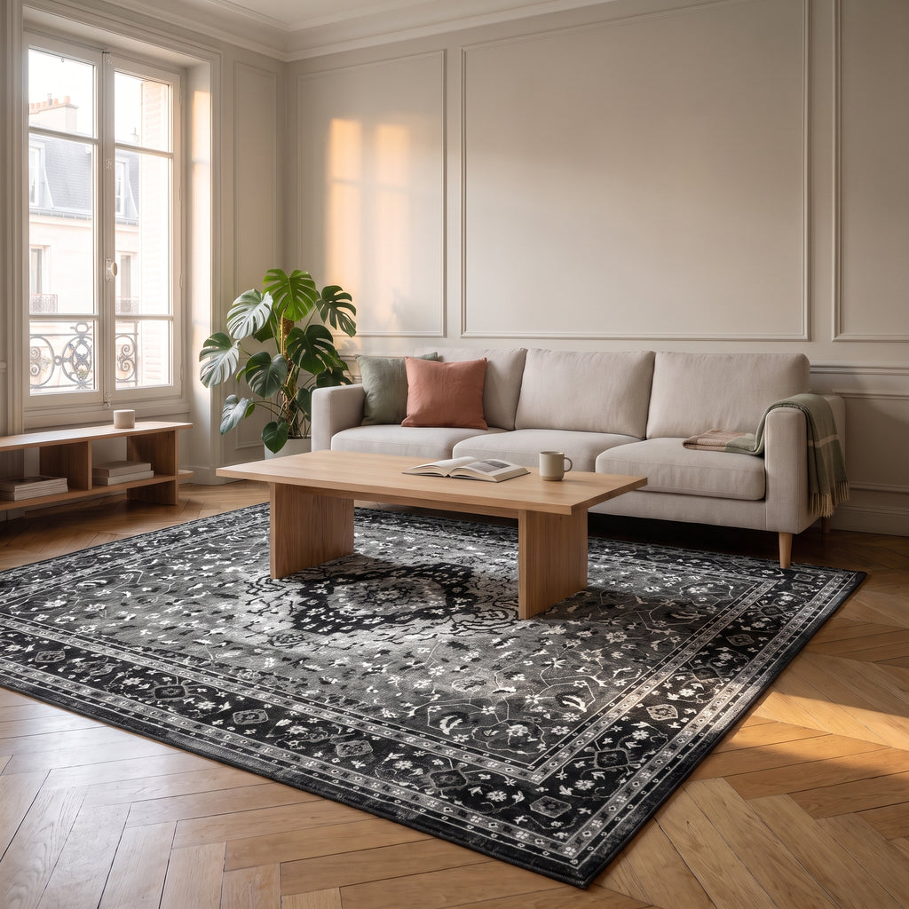Tapis de salon boho turc aux tons neutres, déclinaison gris