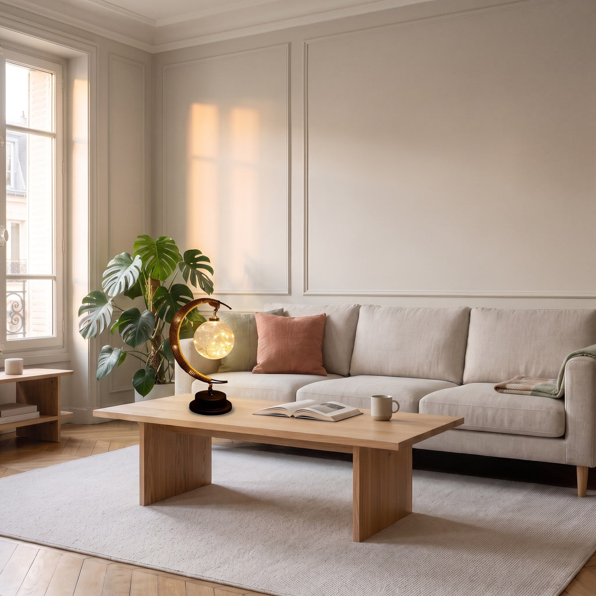 La lampe posée sur la table basse d'un salon, à côté d'un livre ouvert et d'une tasse.