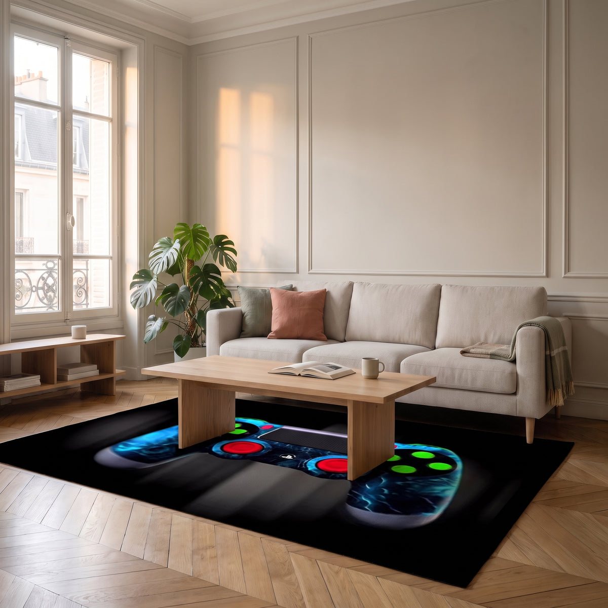 Tapis gaming noir à motif de manette bleue dans un salon