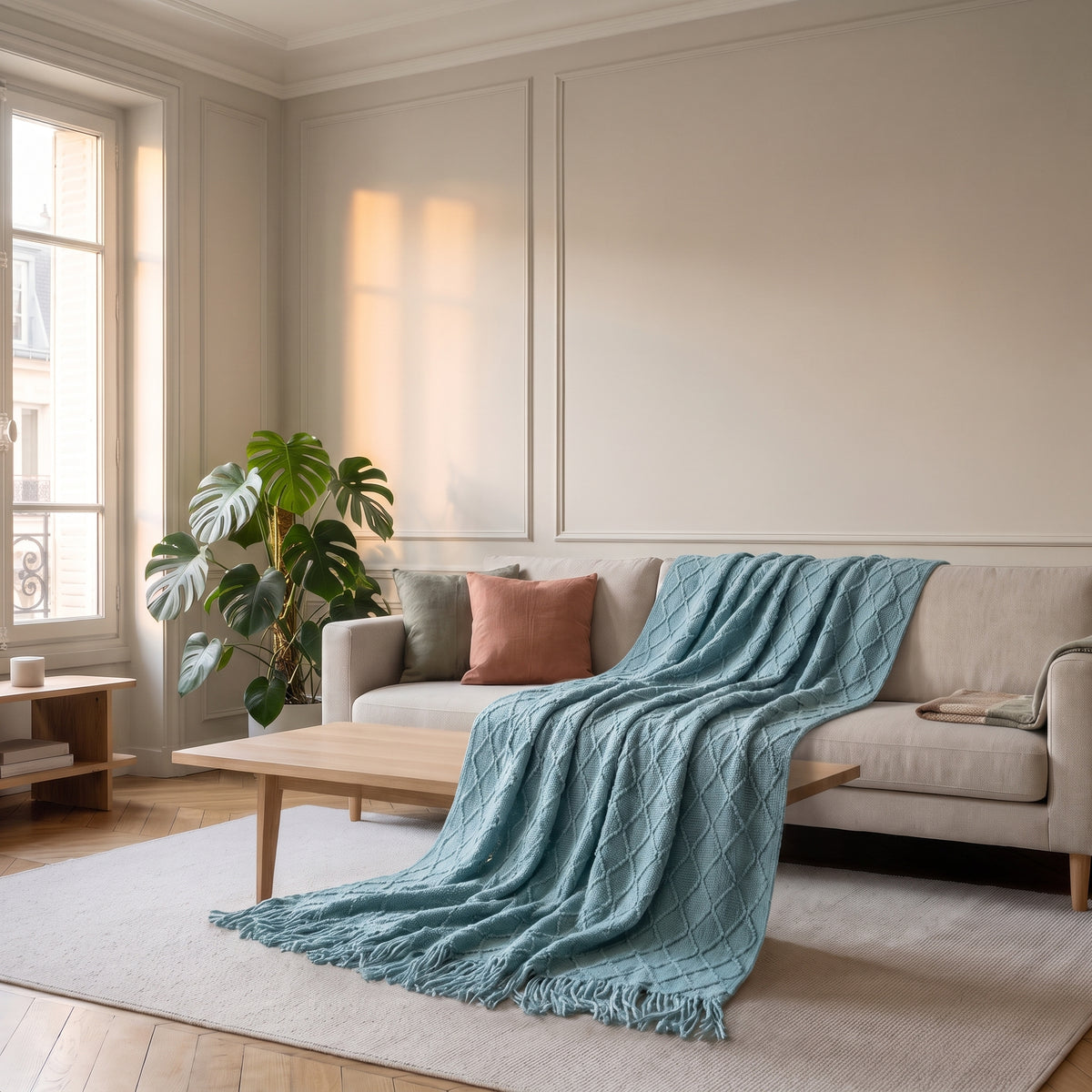 Couverture tricotée à losanges, coloris Bleu givré, dans un intérieur