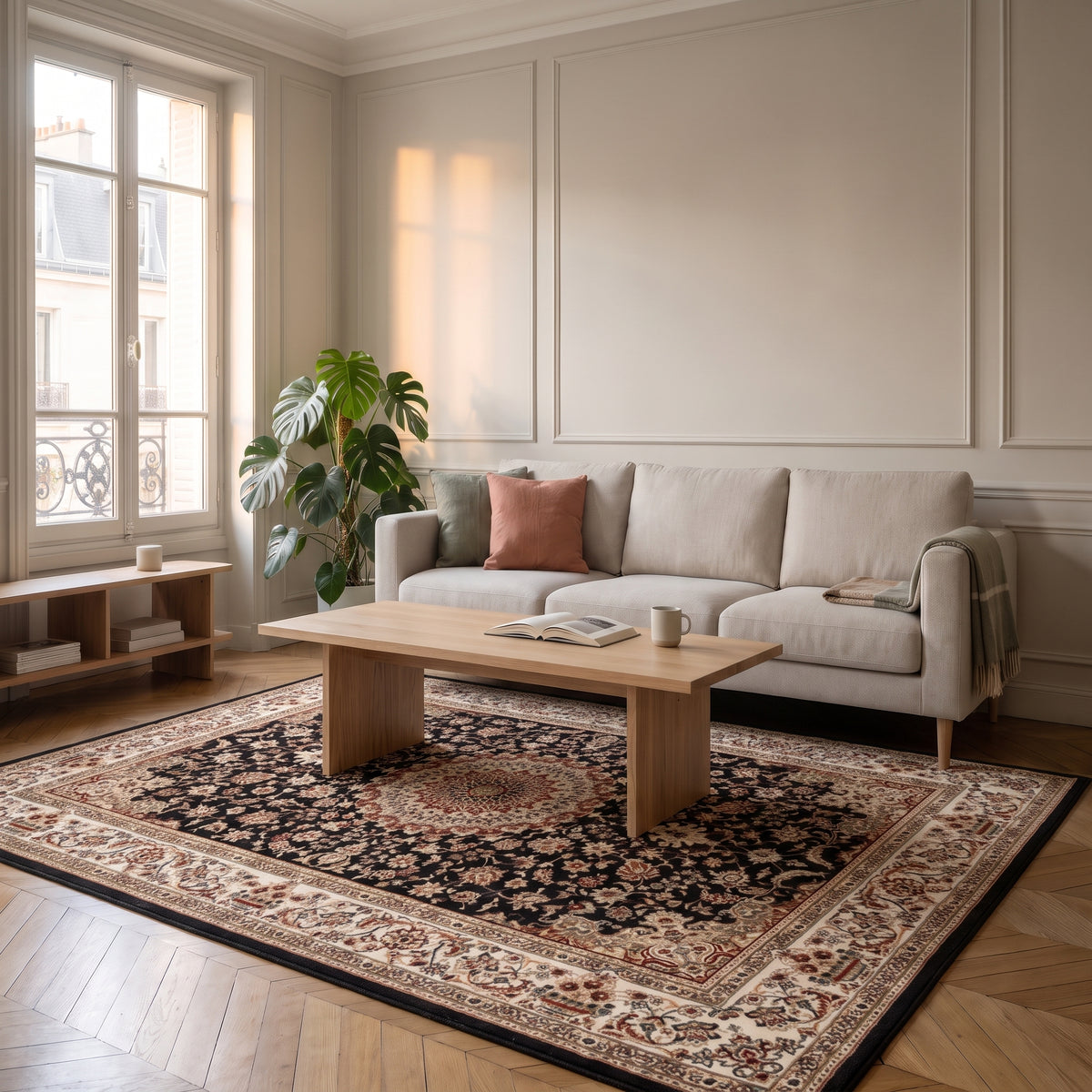 Tapis de salon boho turc aux tons neutres, déclinaison noir et beige