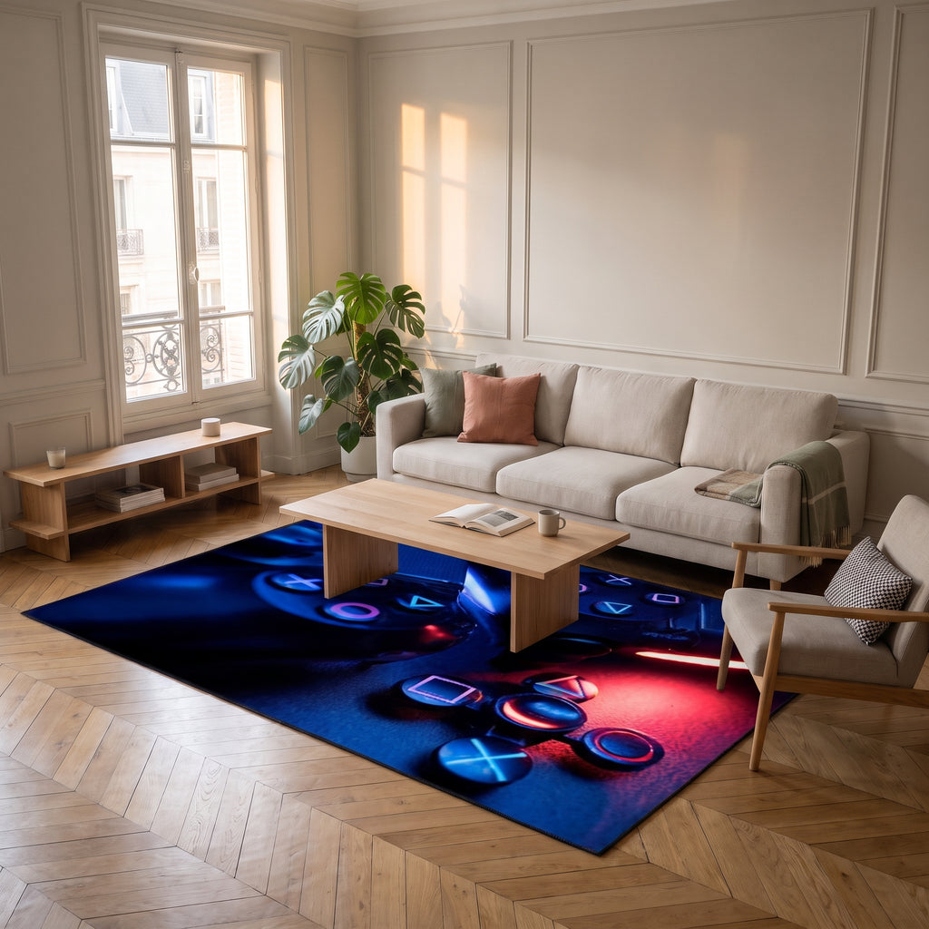 Tapis gaming bleu à deux manettes dans un salon
