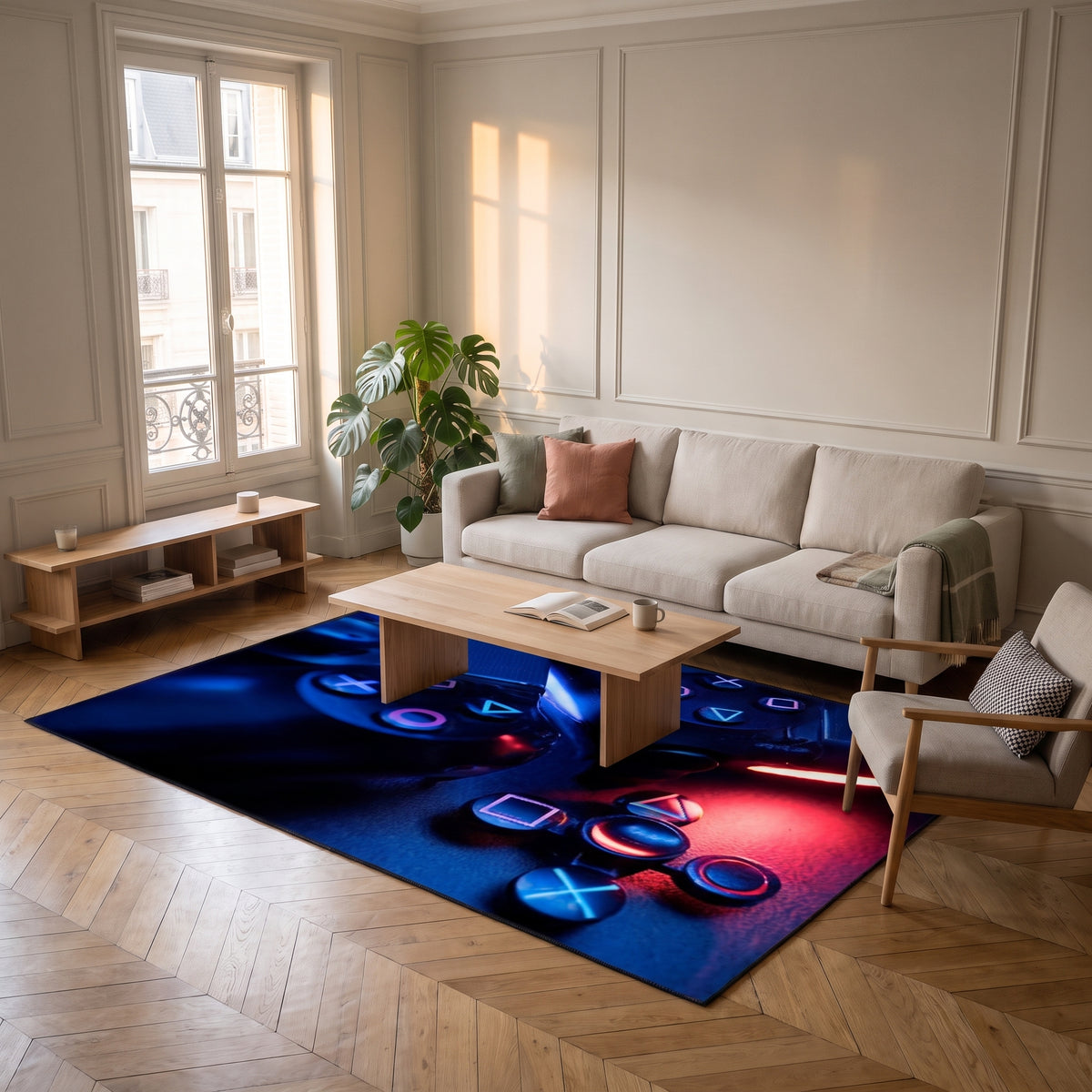Tapis gaming bleu à deux manettes dans un salon