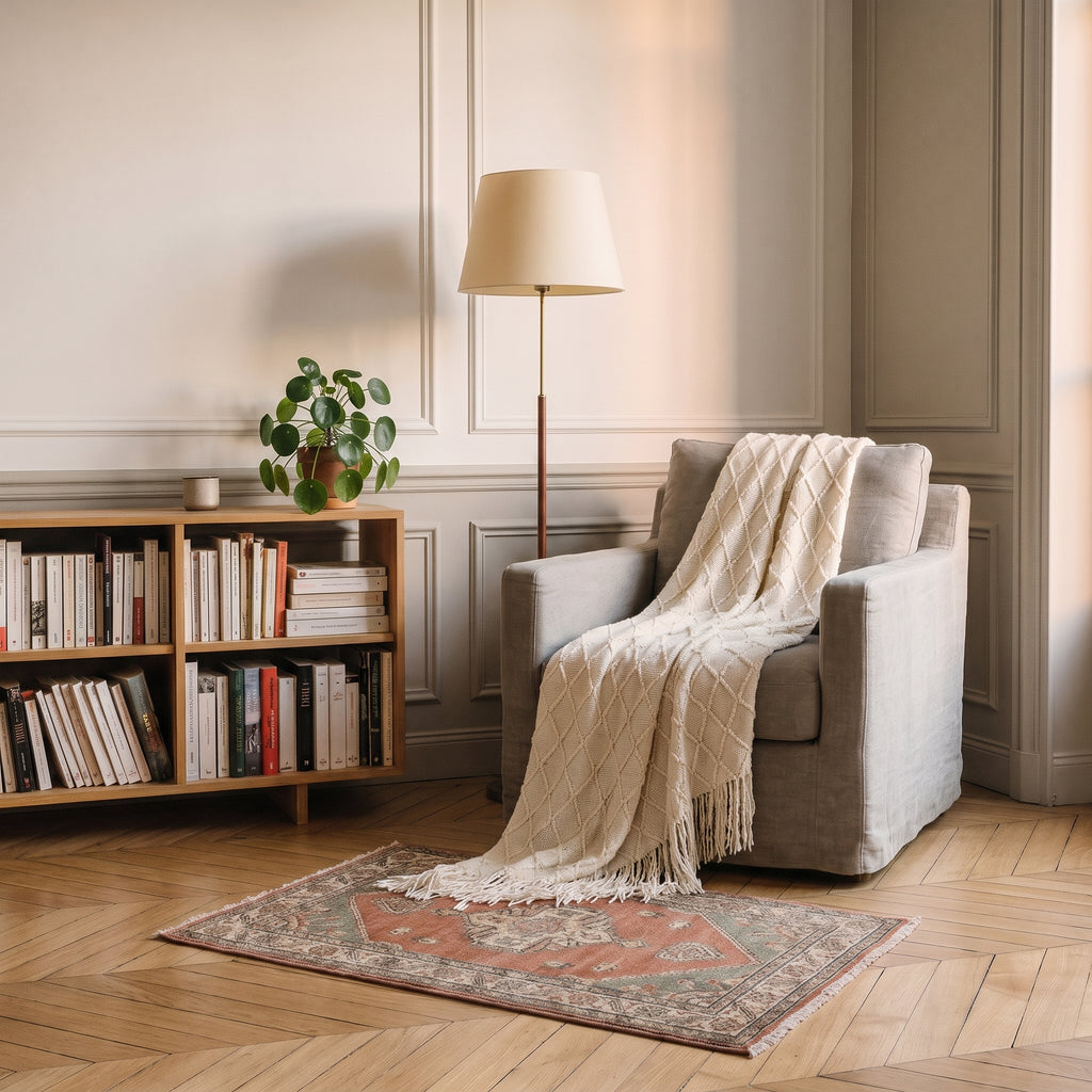 Couverture tricotée à losanges, coloris Crème, dans un intérieur