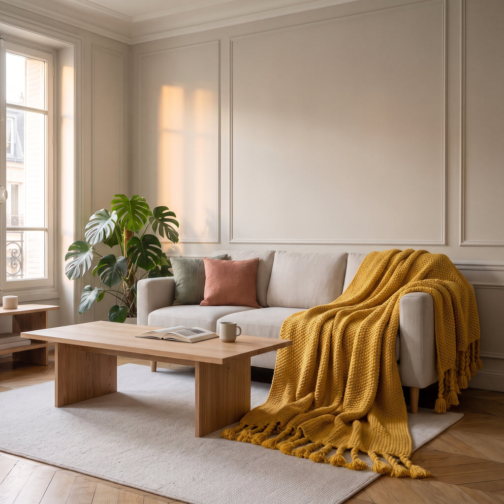 Plaid tricoté à franges, coloris Jaune moutarde, dans un intérieur