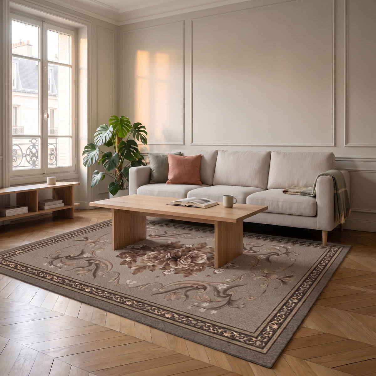 Tapis de salon boho turc aux tons neutres, déclinaison taupe
