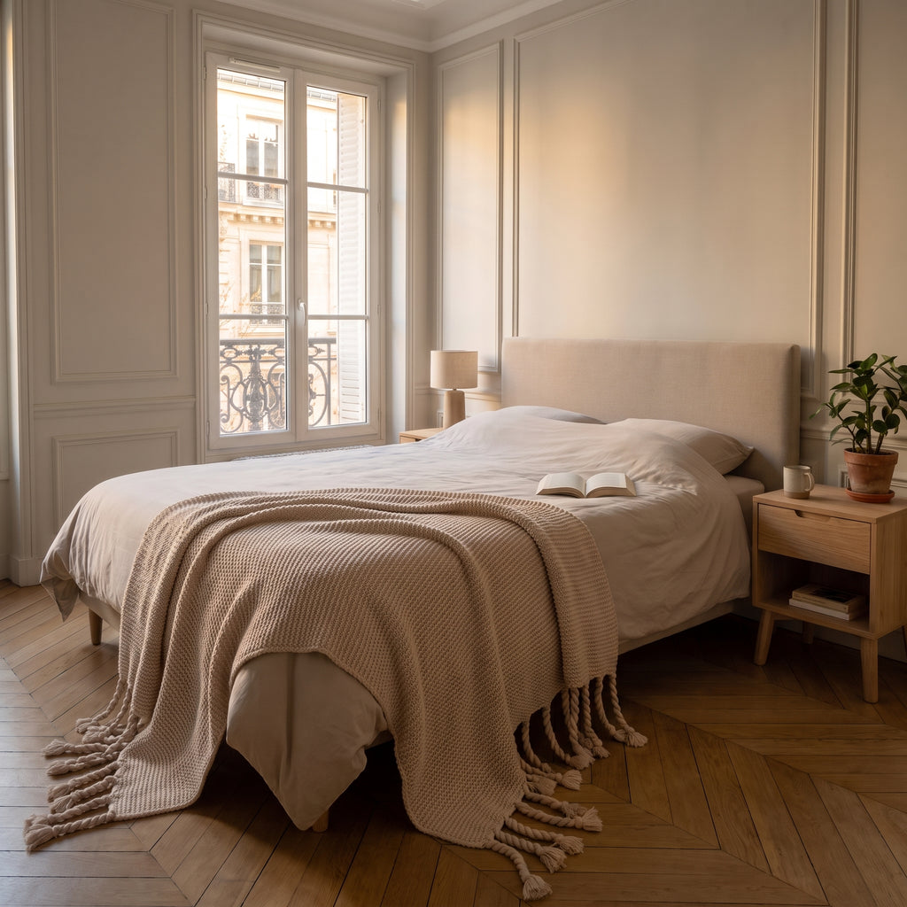 Plaid tricoté à franges, coloris Beige, dans un intérieur