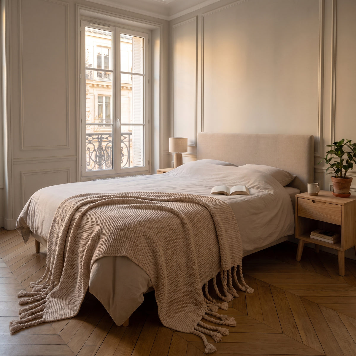 Plaid tricoté à franges, coloris Beige, dans un intérieur