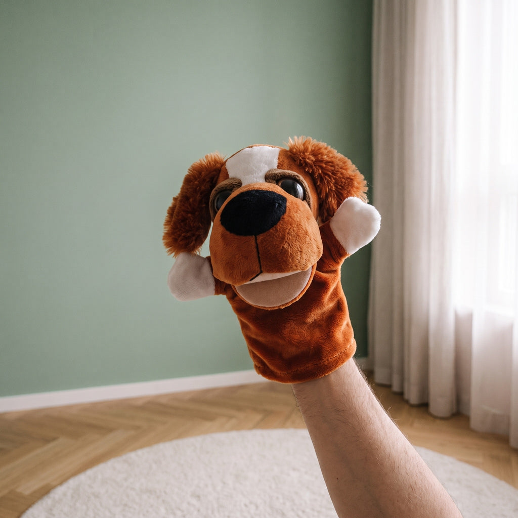 Marionnette à main chien aux grands yeux animée dans une chambre d’enfant