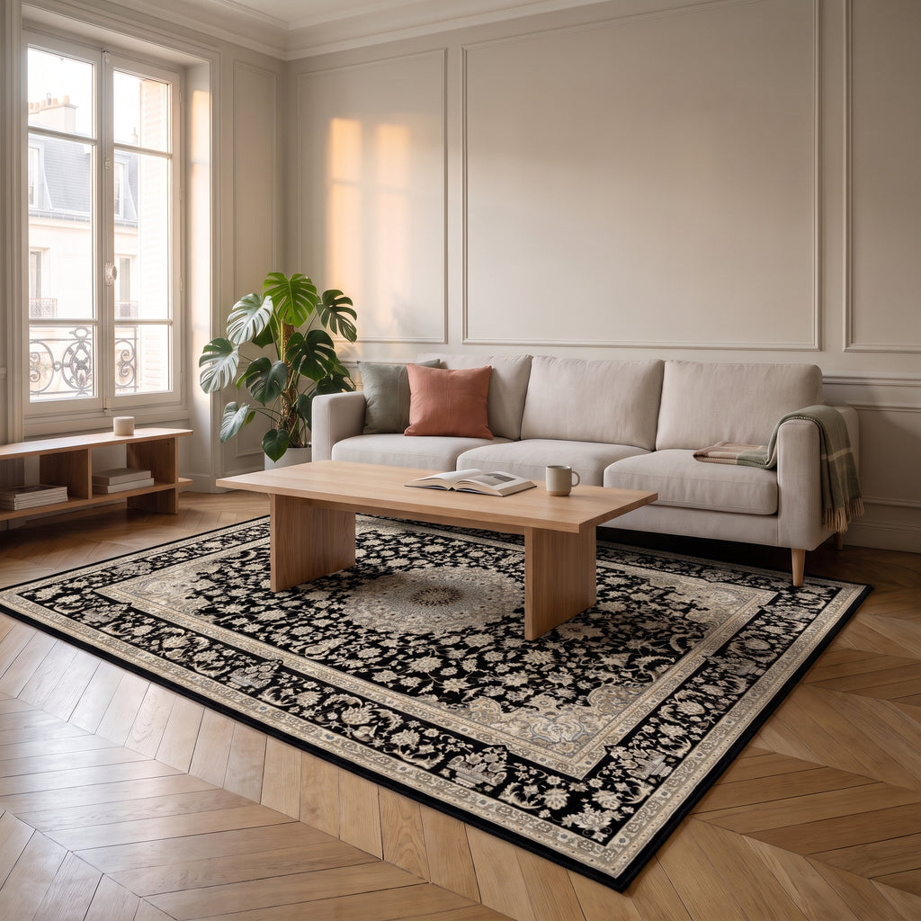 Tapis de salon boho turc aux tons neutres, déclinaison noir et blanc