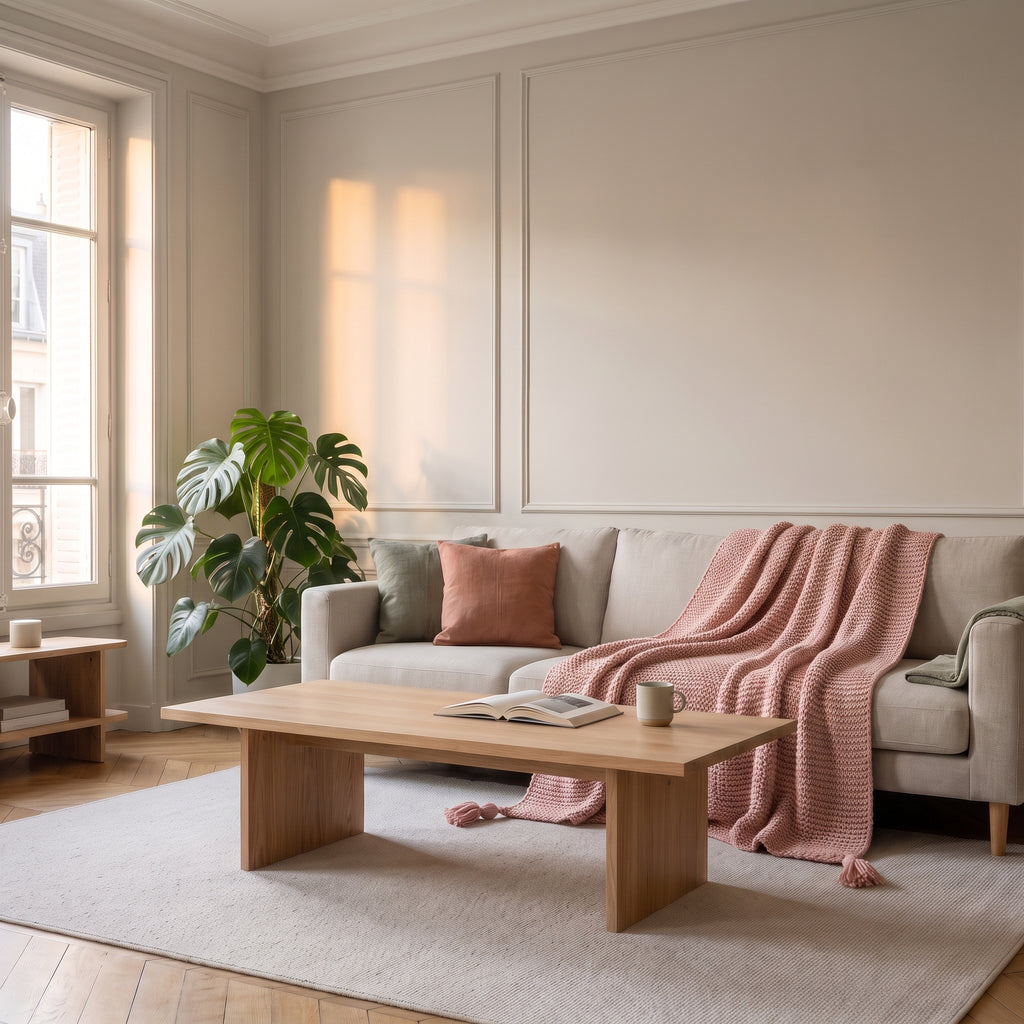 Plaid tricoté à franges, coloris Vieux rose, dans un intérieur