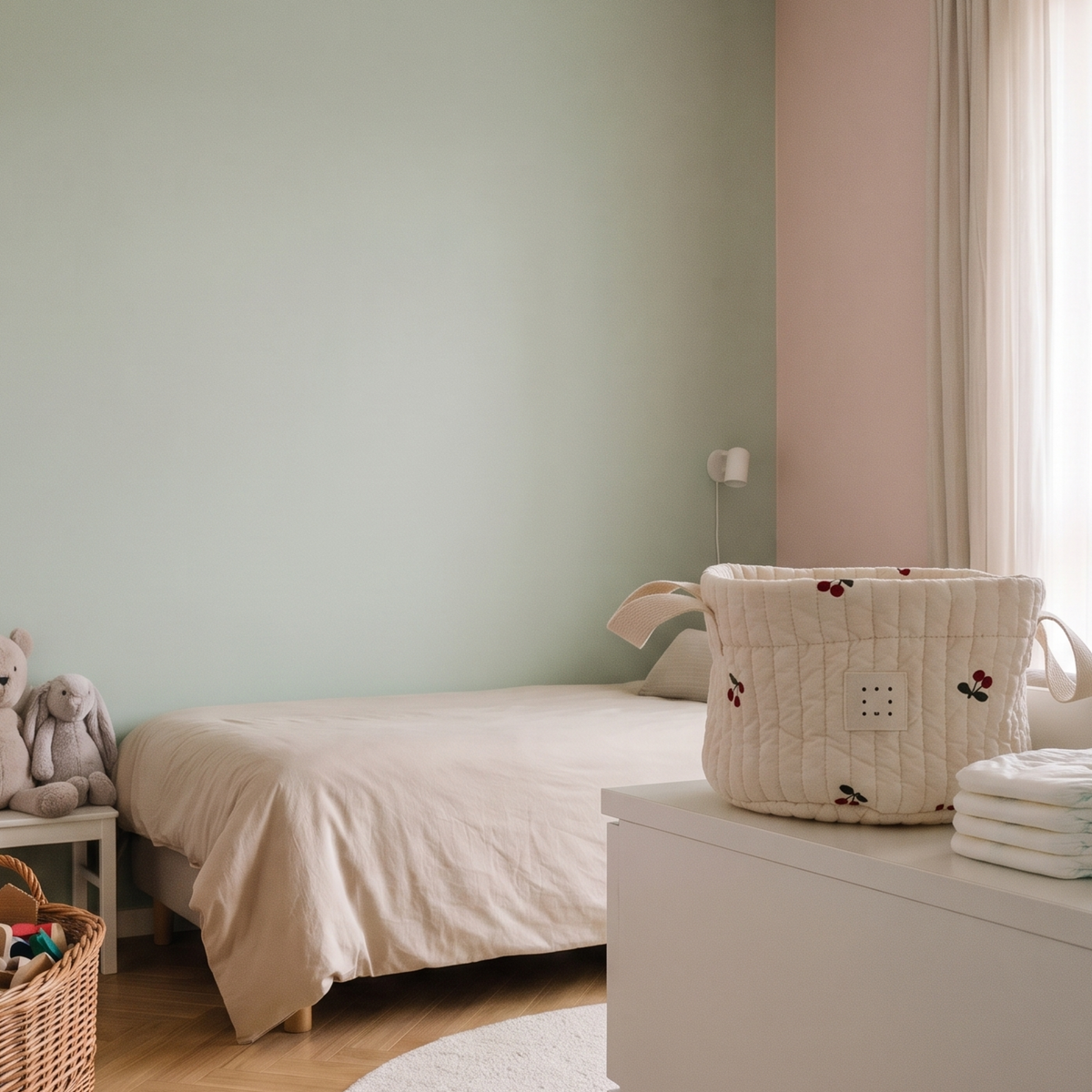 Panière à couches en coton brodé, format S, motif petites cerises rouges, mise en situation dans une chambre de bébé