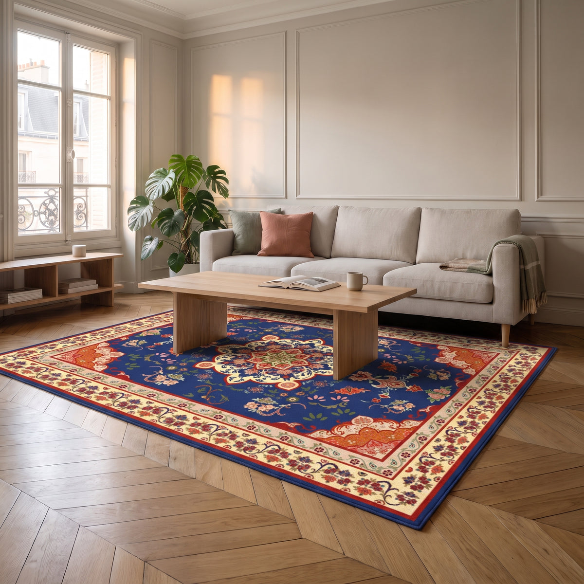 Tapis boho turc aux tons bleus, déclinaison bleu marine et rouge