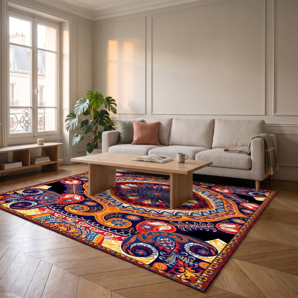 Tapis boho turc aux tons chauds, déclinaison noir, bleu et orange
