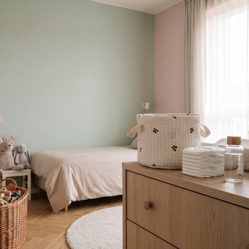 Panière à couches en coton brodé, format M, motif petites cerises rouges, mise en situation dans une chambre de bébé