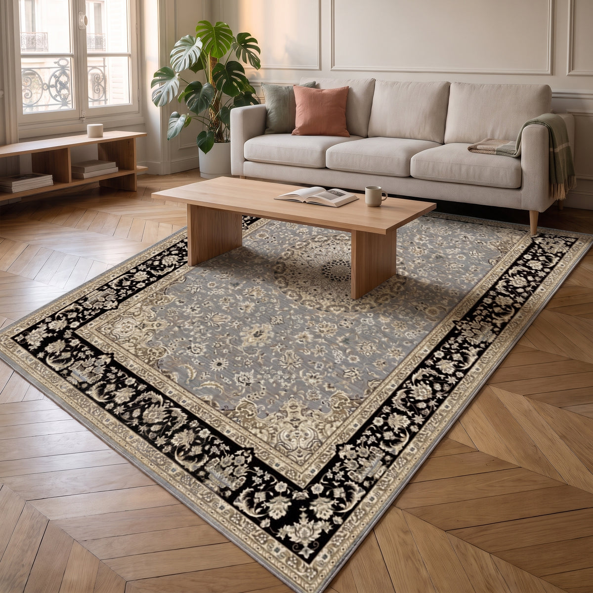 Tapis boho turc aux tons bleus, déclinaison gris et noir