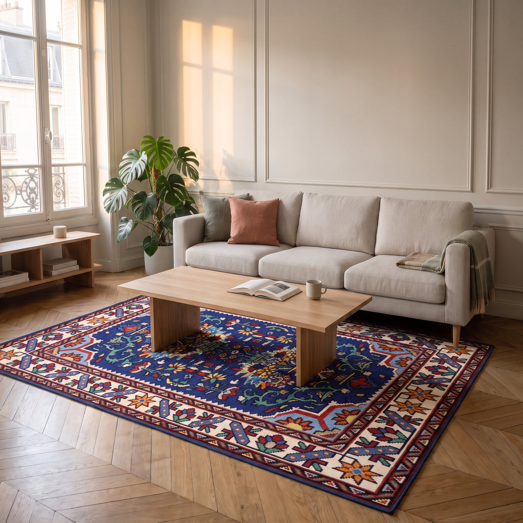 Tapis boho turc aux tons bleus, déclinaison bleu marine fleuri