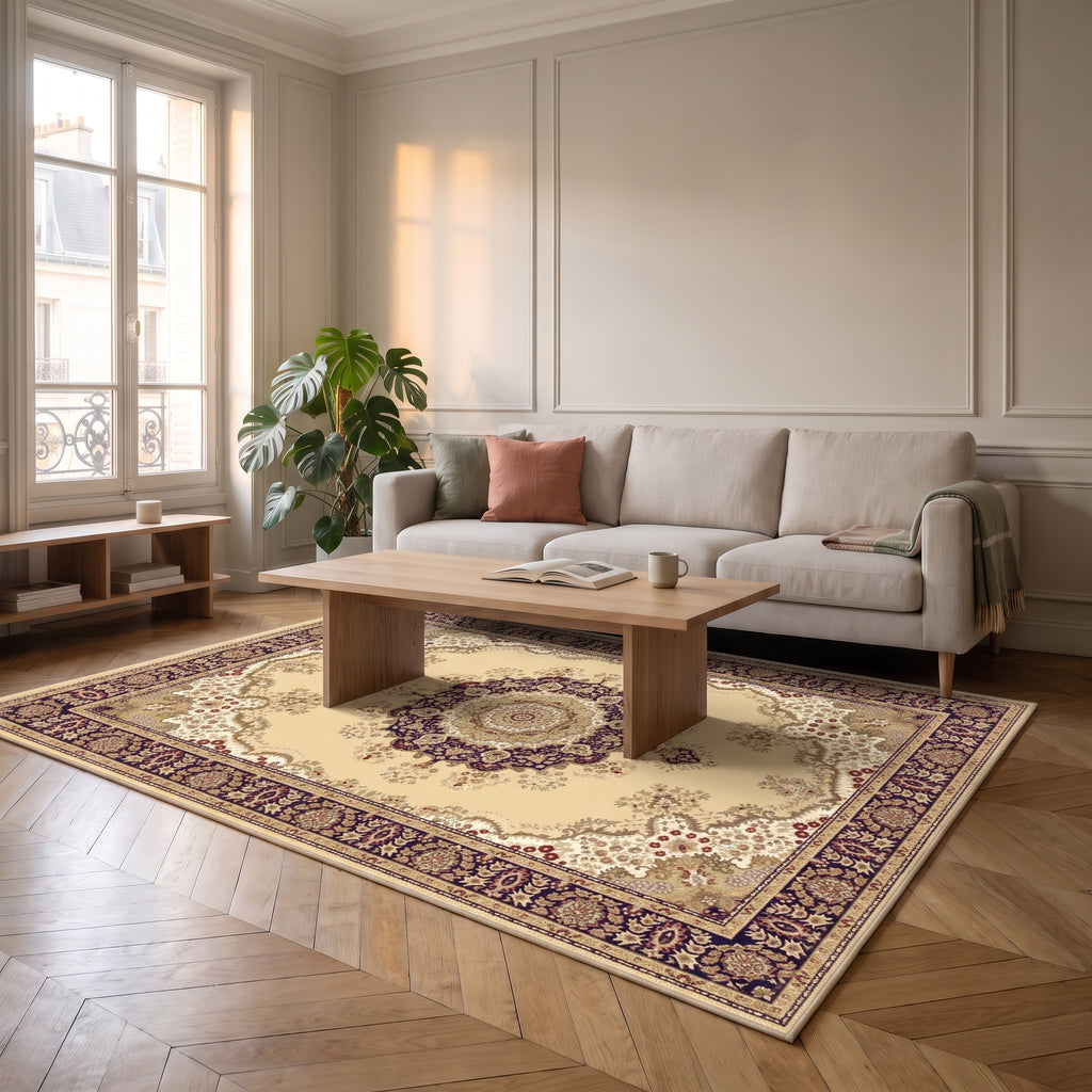 Tapis boho turc aux tons chauds, déclinaison beige et prune