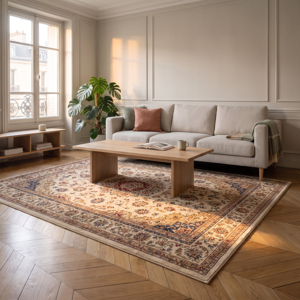 Tapis de salon boho turc aux tons neutres, déclinaison beige clair