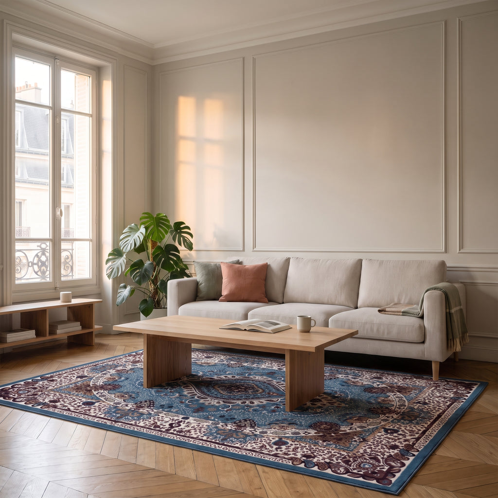 Tapis boho turc aux tons bleus, déclinaison bleu et rouge