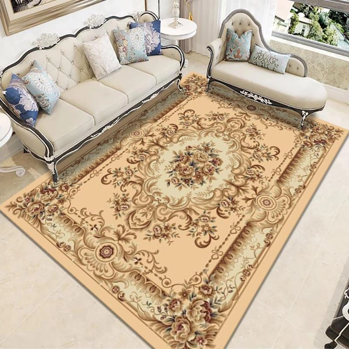 Détail en situation du tapis boho turc aux tons chauds