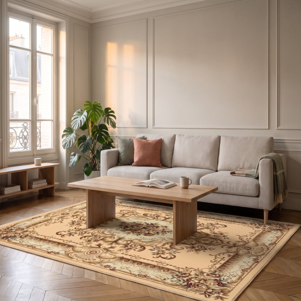 Tapis boho turc aux tons chauds, déclinaison beige doré