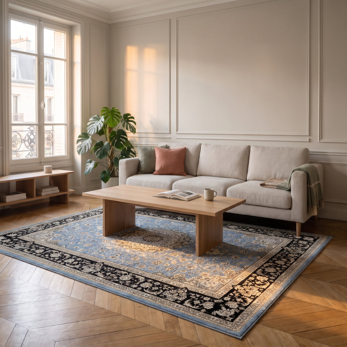 Tapis boho turc aux tons bleus, déclinaison bleu et beige