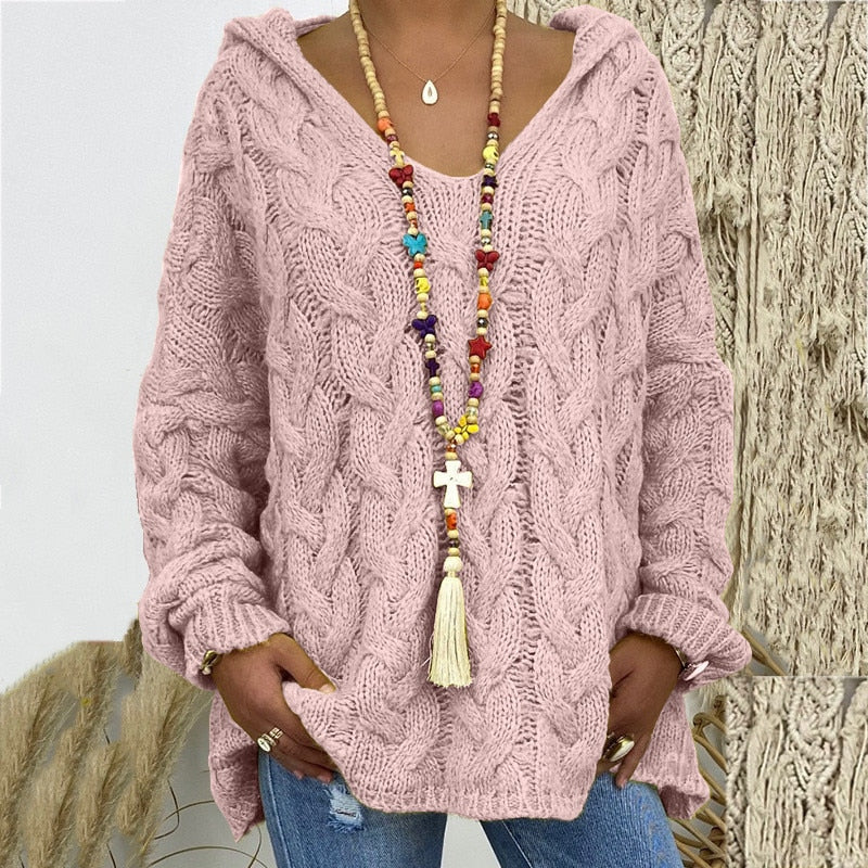 Pull d'été à manches longues et capuche en grosse maille