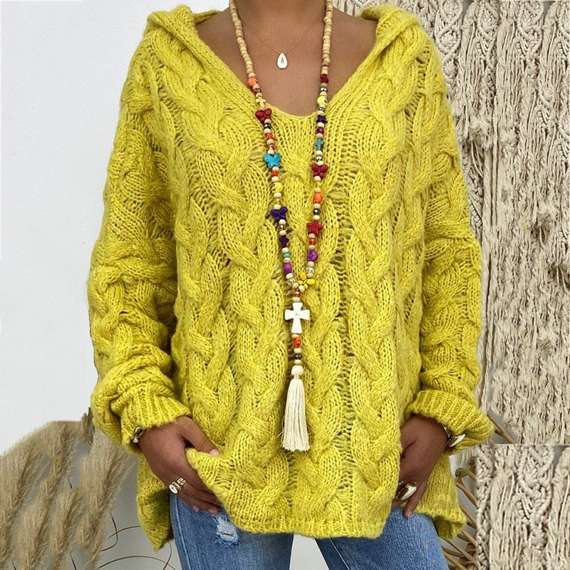 Pull d'été à manches longues et capuche en grosse maille