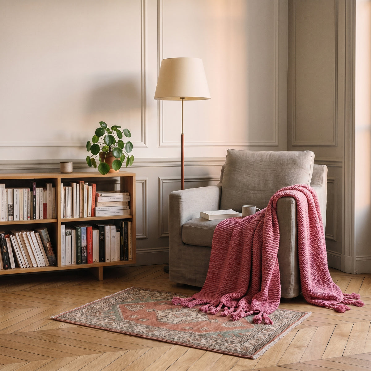 Plaid tricoté à franges, coloris Fuchsia, dans un intérieur