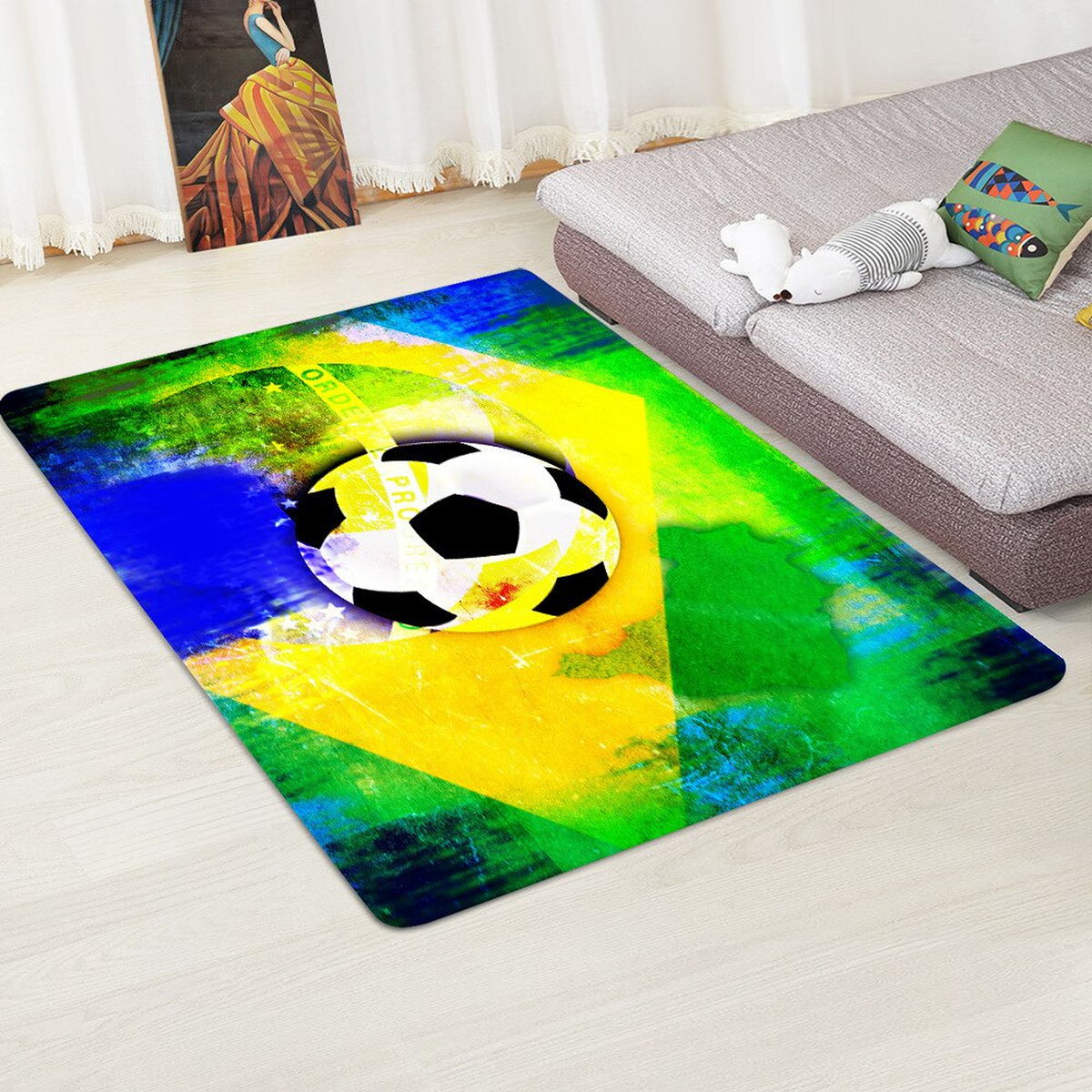 Tapis terrain de football, ballon sur fond peint