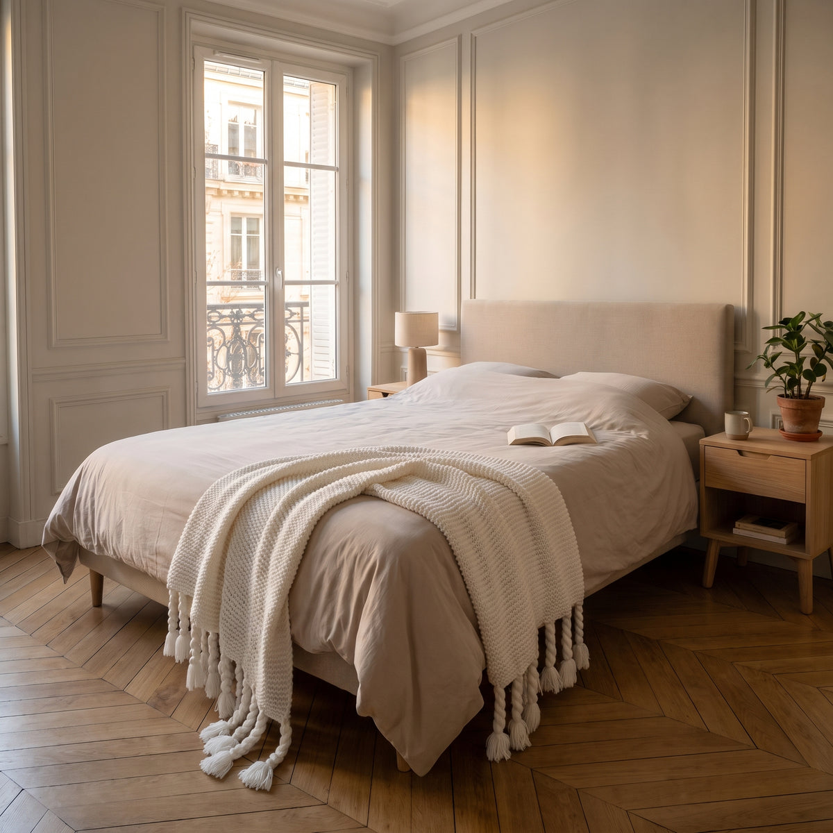Plaid tricoté à franges, coloris Écru, dans un intérieur