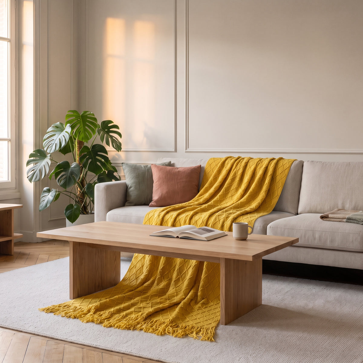 Couverture tricotée à losanges, coloris Jaune moutarde, dans un intérieur