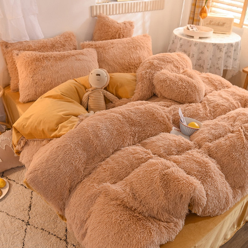 Parure de lit cocooning en fausse fourrure avec draps plat