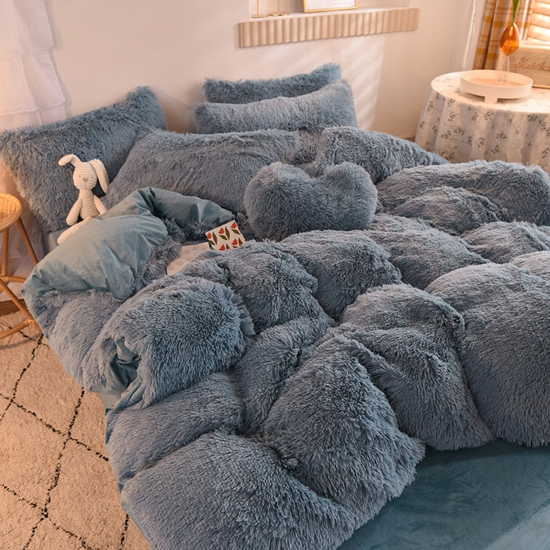 Parure de lit cocooning en fausse fourrure avec draps plat