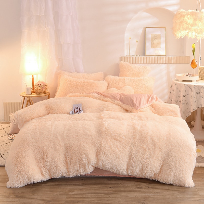 Parure de lit cocooning en fausse fourrure avec draps plat