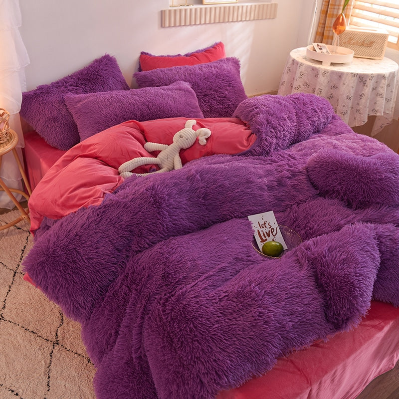 Parure de lit cocooning en fausse fourrure avec draps plat